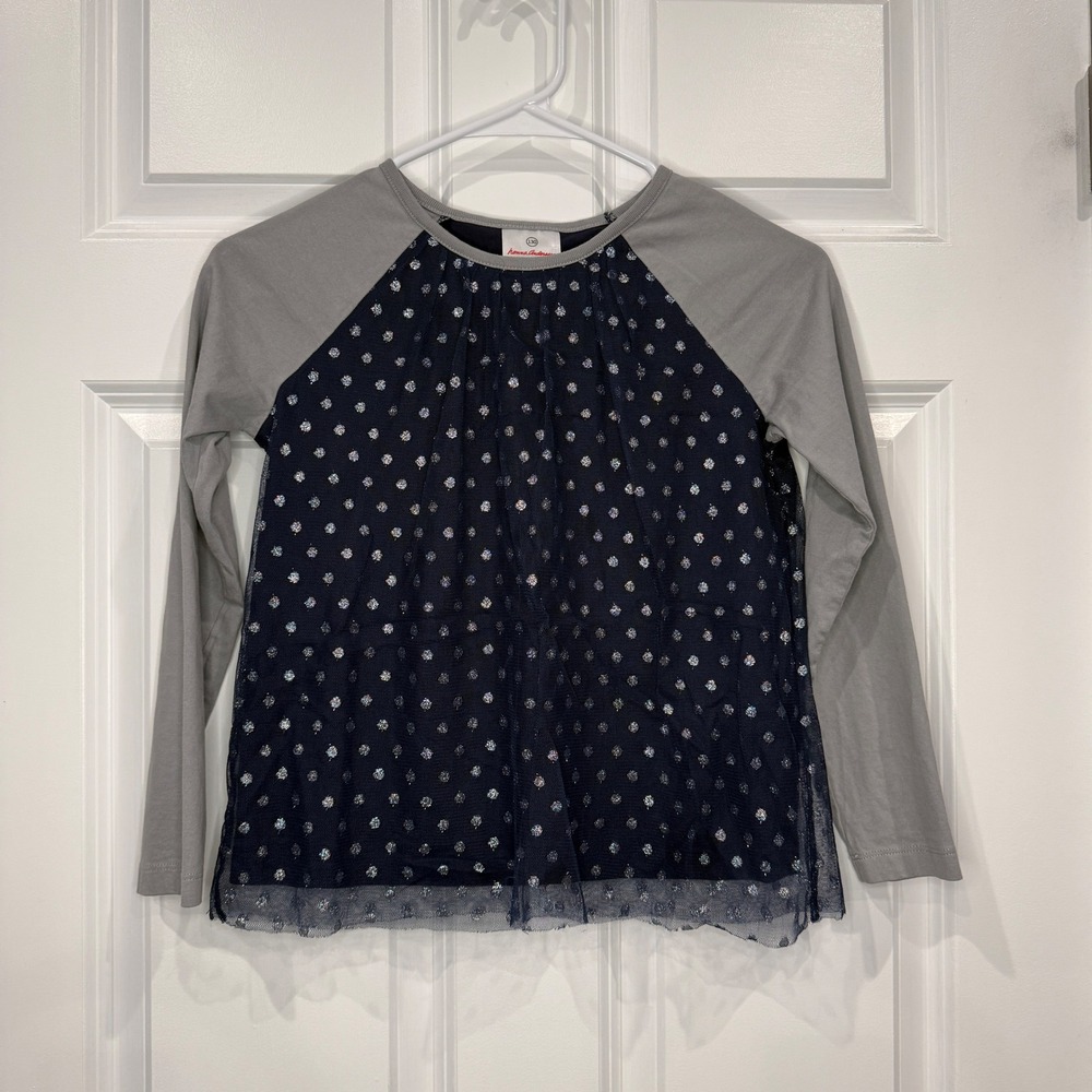 Hanna Andersson Girls Navy Blue Silver Polka Dot Raglan Long Sleeve Top Size 7/8